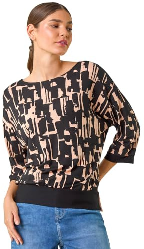 Roman Originals Blouson Top for Women UK Ladies Drop Shoulder Long Sleeve Jersey Stretchy Oversized Casual Office Jumper Soft Everyday Sweater Lounge Sweatshirt Blouses - Black Beige - Size 20