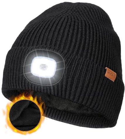 Wmcaps Mütze mit LED Licht, Wintermütze mit Dickem Warmen Futter, Integrierte Beleuchtete Type-C Wiederaufladbare Freisprech-Stirnlampe, Geschenke für Männer Frauen, Schwarz