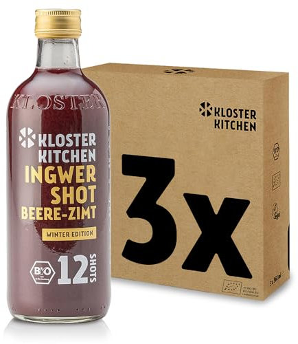 Kloster Kitchen Bio Ingwer Shot Beere Zimt 12SHOTS 3x 360 ml mit Ingwerstückchen I Ingwershot vegan Glasflasche süß-scharf ohne Zusatzstoffe & mit natürlicher Süße (inkl. 0,75€ EINWEG Pfand)