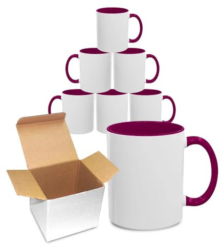 Sublimation Mugs 11oz Blank with Coloured Large Handle & Inner with Box | Durable, Ceramic Orca Finished Mugs Perfect for Custom & DIY Printing, for Loved Ones | Maroon Bulk Pack of 6