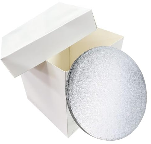 LARRYROO Tall White Cake Box Extra Deep & Silver Round Cake Drum Board Combo For High Celebration, Wedding, Birthday Cakes (10)