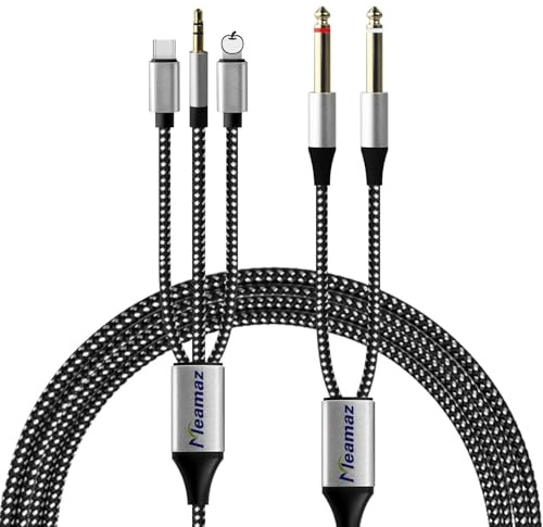 Meamaz Cavo Audio 3 in 1 2m, 6.35mm (1/4) a L ightning/USB-C/AUX (3.5mm), per Chitarra Elettrica, Mixer, Amplificatore, i-Phone, Jack Audio Doppio, Cavo Jack 3.5 to Jack 6.3, Nylon Intrecciato