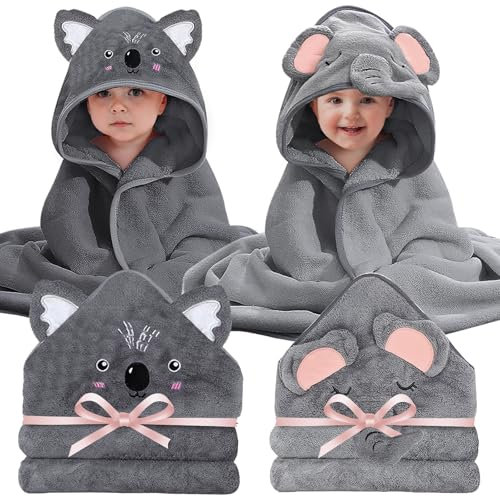 Boyigog Baby Badetuch Set, 2Pcs Baby Handtuch mit Kapuze 80 x 80 CM für Neugeborene, Soft-Super Saugfähige Handtuch mit Kapuze für Unisex (Schwarz-Grau)