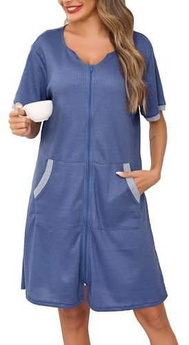 Lovasy Bademantel Waffelpique Damen mit Reissverschluss Morgenmantel Leichter Atmungsaktiv Waffelstrick Bademäntel für Damen Knielang mit Taschen,Blau,M