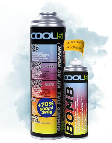 COOL5 5in1 - kältemittel r134a nachfüllset, r134a kältemittel mit Öl, für Klimaanlagenbefüllung für PKW 1995-2016 + Refresher Bombe + Universalreiniger 500ml