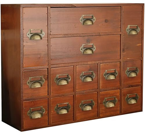 Apothekerschrank mit 14 Schubladen – Karteikarten-Organizer – Miniatur-Kommode – Messing-Griff – Aufbewahrungsbox für Kunst und Handwerk – Schreibtisch-Schubladen-Organizer aus Holz