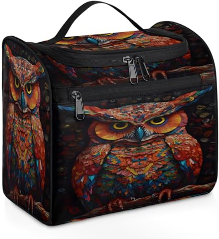 Mexpekil Kulturbeutel zum Aufhängen, mit 11 Fächern, bunte Eule auf Ast, realistisch, wasserabweisend, Make-up-Kosmetiktasche, Reise-Organizer für Zubehör, Shampoo, Toilettenartikel in voller Größe,