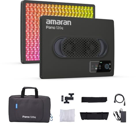 amaran Pano 120c Kit 120W RGBWW Full-Color Panel Light, Up to 13,490 Lux @ 1m, USB‑C PD & 150W DC Powered, Includes Softbox, Grid, Diffuser, Carrying Case for Photography & Video - Charcoal