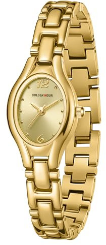 GOLDEN HOUR Armbanduhr Damen Kleine Ovale Klassische Analoges Quarzwerk Uhr Gold Damen Vintage Wasserdicht Modisch Lässig Damenuhr mit Edelstahlarmband für Frauen Mädchen