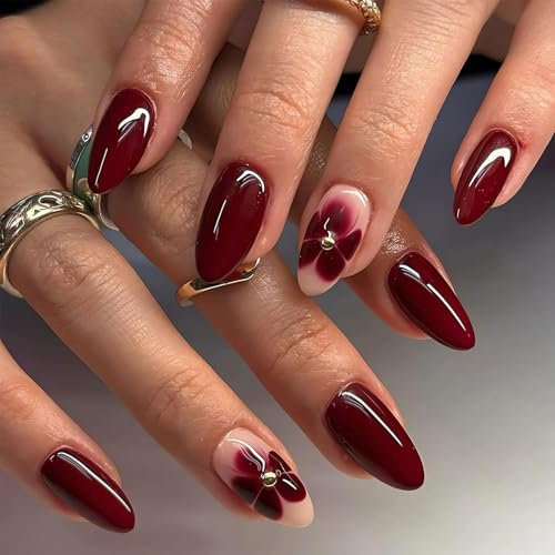 Cosmeria Press on Nails in Rot mit Blumenmuster, 24-teilige k?nstliche Fingern?gel, Mittel-lange Acryln?gel f?r Frauen, DIY Manik?re-Set