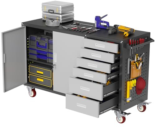 Eltean 55 W Rolling Workbench with 6 Drawers and Storage Cabinet,1000 LB Capacity Heavy Duty Work Bench with Pegboard and Adjustable Shelf,Garage Workbench with Wheels for Repair Shop/Workshop