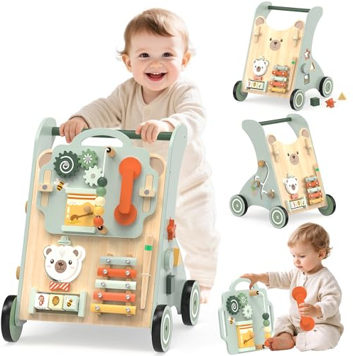 WOODMAM Push Baby Walker, Wooden Sit-to-Stand Learning Toy for 12M+