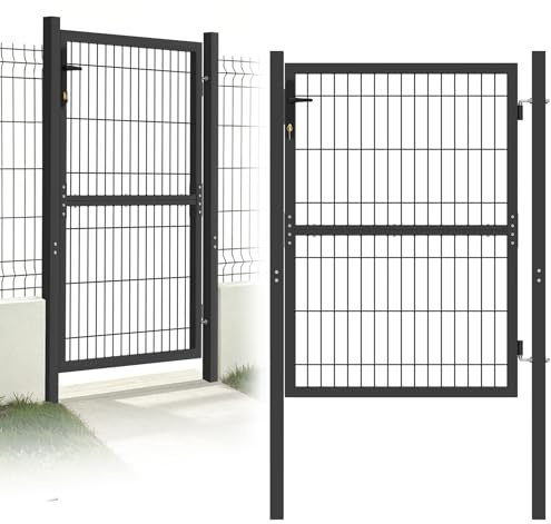 Froadp Garten Flügeltore 125x100cm Verzinkt Einzel Wellengitter Gartentor Hoftür mit Türpfosten Kunststoffgriffe und Einsteckschloss Zauntür für Garten Lagerhäusern Baustellen (Anthrazit)