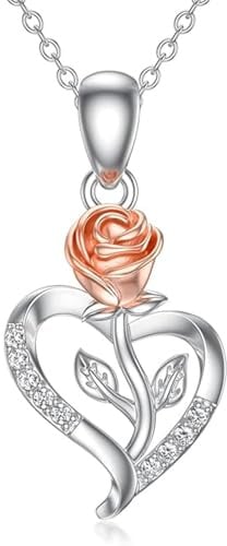 Rikelus Natürlichem Diamanten Herz Halskette für Damen, 18 Karat Weiß/Roségold Vergoldete Rosenblüten Halskette aus 925er Sterlingsilber, Jahrestag Geburtstag für Ehefrau Mutter Freundin, 46+5cm