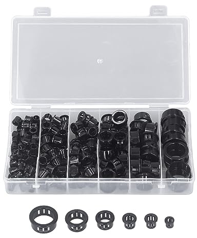 Pissente 160Pcs Snap in Cable Grommet Protector Nylon Plastic Black Cable Sleeve Grommets with 6 Sizes 8mm - 25mm for Wire Hose Insulation Protection