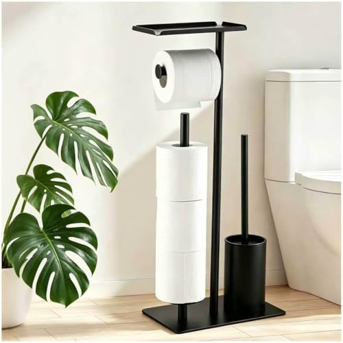 Porte Papier Toilette sur Pied, Dérouleur Papier Toilette avec Brosse Toilettes WC, Antidérapante, Range Papier Toilette pour Accueillir Jusqu'à 4 Rouleaux