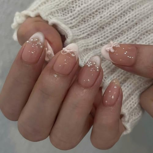 24pcs Pink French Tip False Nails for Women – Almond Press On Nails with Bow, Lightweight & Reusable Fake Nails for Daily Wear, Party, Wedding, or Gift (Pink, French)