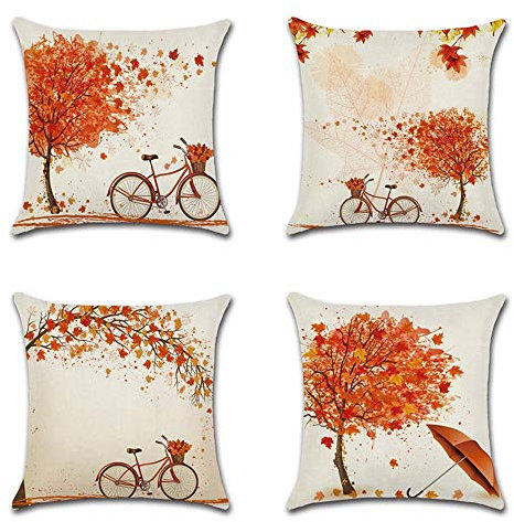 Artscope 4er-Set Dekorativ Kissenbezug 45 x 45 cm, Herbst-Thema Polyester Leinen Kissenbezüge Dekokissen Kissenhülle Set Kissen Fall für Sofa Auto Schlafzimmer Zuhause Dekor (Ahornbaum mit Fahrrad)