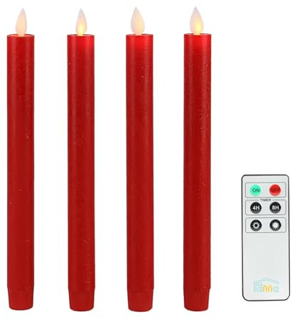 Fanna RED LED Taper Candles with Moving Flame, Real Wax Finished Flickering Battery Operated Candles, Remote Control & Batteries Included - Set of 4