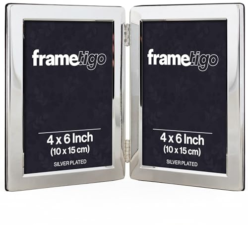 Frametigo - Versilberte flache Kante doppelter Fotorahmen, 10x15cm Fotogröße - Porträtausrichtung - Echtglasfenster - traditionelle silberne Bilderrahmen - anlaufgeschützt