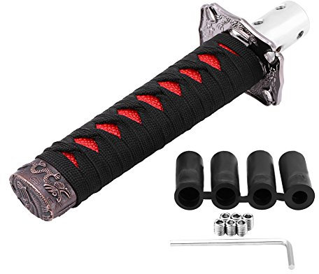 Qiilu Sword Gear Shift Knob Universal Japanese Sword Car Gear Shift Lever Knob Shifter Stick Palanca con 4 adaptadores Negro + Rojo