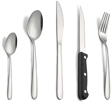 Pleafind couverts avec couteau a steak, 30 pièces couverts de table pour 6 personnes, couvert en argent comprenant cuillère, couteau, fourchette, set couverts de table inox, lave-vaisselle