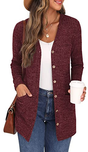 GRECERELLE Womens Cardigan Long Sleeve Open Front Cardigans Button Down V Neck Ribbed Knit Lightweight Outerwear with Pocket (Wine Red, XL)