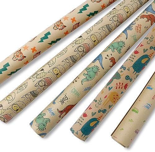 BIOZOYG 5 Rollen Geschenkpapier Kinder 2x0,7 m Kids - Geschenkpapier Rolle aus Recyclingpapier nachhaltige Forstwirtschaft - Dino Geschenkpapier Geschenkpapier Kraftpapier