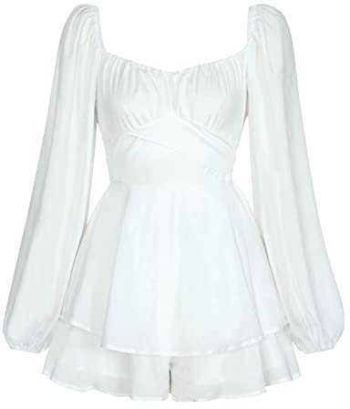 Sexy Kleid Damen Kurz Jumpsuit Elegant Langarm Boho Blume Chiffon Strampler Shorts Smock Minikleid Overall Festlich Hochzeit Partykleid Playsuit Herbstkleid Weiß M