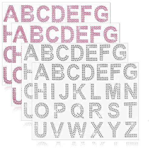 104 PCS Rhinestone Letter Stickers Self Adhesive, TuNan 4 Sheets Bling Glitter Alphabet 26 Letters Sticker for Clothing DIY Art Crafts Gift Decoration(Silver/Pink)