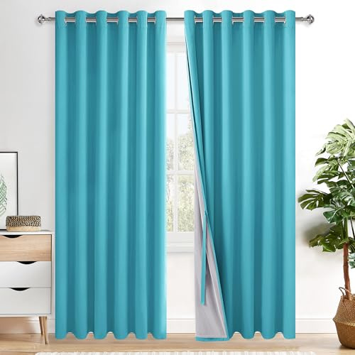 XWZO 100% Blackout Curtains with Tiebacks- 2 Thick Layers Completely Shaded Window Treatment Thermal Insulated Lined Drapes with Grommets for Large Windows, Turquoise, W70 x L84, Set of 2 Panels