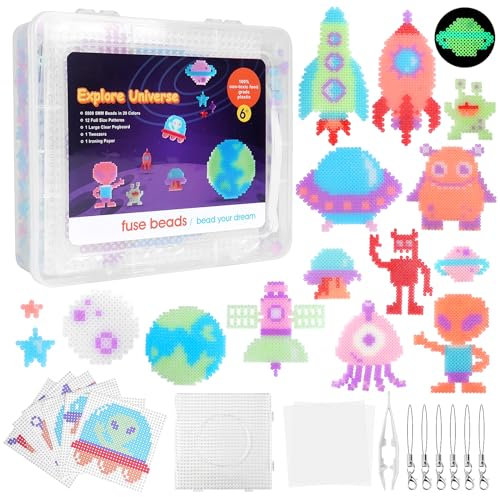 Homgaty Fuse Beads Kit, 5000 PCS Glow in The Dark Iron Beads Crafting Melting Bead Set for Kids, 16 Styles Alien UFO Patterns Bead Pegboards, Tweezers, Ironing Paper for DIY Craft Making