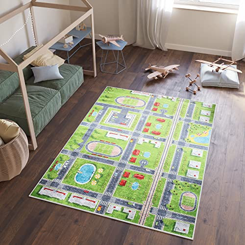 TAPISO Emma Teppich Waschbar bei 30 Grad Grün Grau Straße Stadt bedruckter Kinderteppich Antirutsch Kinderzimmer Jugendzimmer Modern ÖKO-TEX 160 x 230 cm