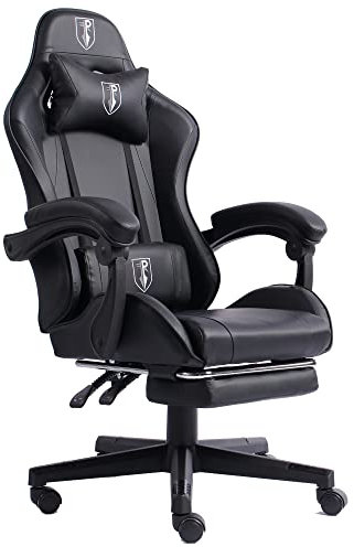 TRISENS Gaming im Racing-Design mit flexiblen gepolsterten Armlehnen ergonomischer PC Gaming Stuhl in Lederoptik Schreibtischstuhl mit ausziehbarer Fußstütze und extra Stützkissen, Farbe:Schwarz