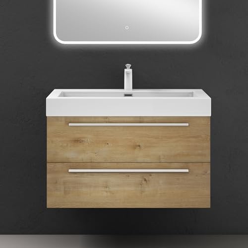 doporro Meuble de Salle de Bain Quadratto, 2 Parties, Lavabo en Resine avec 2 Tiroirs 90x48x60cm Marron clair