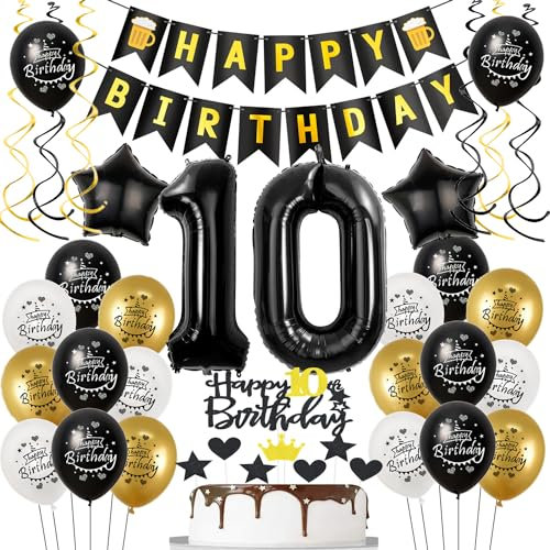 Luftballons 10. Geburtstag Schwarz Golden, Geburtstagsdeko 10 Jahre Junge mädchen, Ballon 10. Geburtstag, Folienballon Zahl 10, deko 10. geburtstag mädchen, Tortendeko 10 Junge Deko