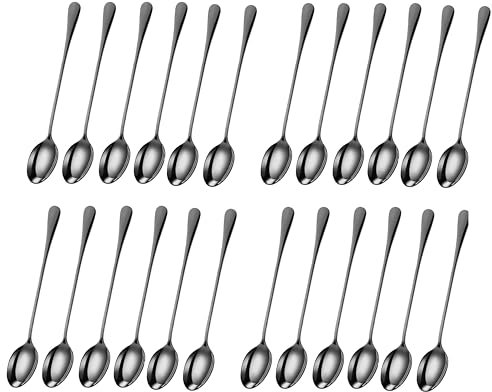 PEBBLE HUG 24 Pcs Metallic Black Long Handle Latte Iced Tea Spoon, Coffee Spoon, Ice Cream Spoon, Stainless Steel Cocktail Stirring Spoons(Set of 24)