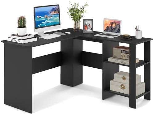 COSTWAY L-Shaped Computer Desk, Modern Large Corner Desk Writing Study Table with Storage Shelves and Cable Holes, 130cm Wooden PC Laptop Gaming Workstation for Home Office (Black)