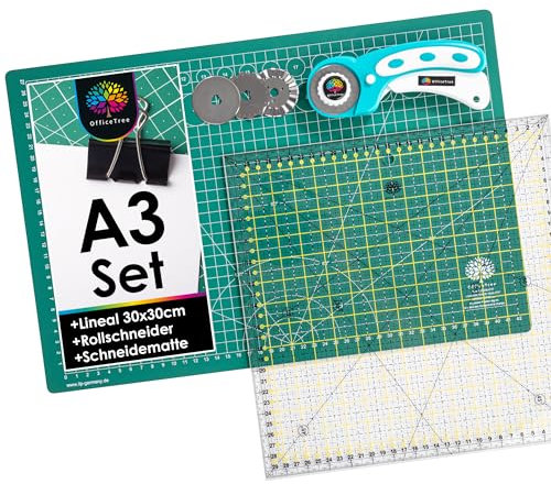 OfficeTree Schneidematte Set A3 45x30 + Rollschneider + Patchwork Lineal 30x30 cm - Schneidematte A3 Selbstheilend - Schneiderlineal Schneiderunterlage und Rollschneider Set - Schneidunterlage nähen