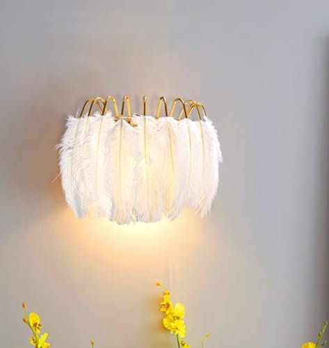 GUANSHAN Feder Wandleuchte Romantische Feder Wand Beleuchtung Gemütliche Nachttisch Wandleuchte Halterung Licht Dekorative Hintergrund Wandleuchte Für Schlafzimmer, Wohnzimmer