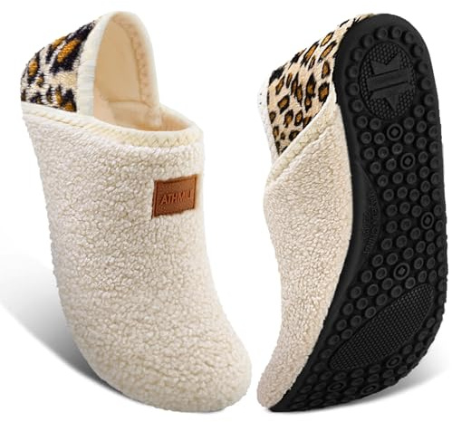 ATHMILE House Slippers for Women Men Indoor Barefoot Slippers Socks Furry Slip on House Shoes Cozy Comfy for Home Bedroom Travel Yoga Women 8-8.5 Beige Leopard
