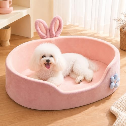 Niedliches Prinzessinnen-Hundebett, Rosafarbenes Haustierbett, Abnehmbares, Waschbares Hundeschlafbett, Rundes Hunde- und Katzenbett mit Hasenohren, Weiches, Bequemes, Warmes(L 35cm / 13.8in)
