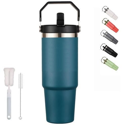 XIXIAMI Travel Mug with Handle 900ml-30oz Insulated Tumbler with Straw & Lid Leakproof Coffee Mug for Hot or Iced Drink |Stainless Steel Thermal Cup-Turquoise Blue…