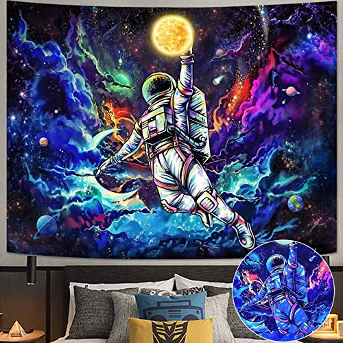 Neasow Blacklight Astronaut Space Tapestry, UV-reaktive Galaxy Universe Planet Leuchten in dunklen Tapestry für Männer, Jungen und Teens Cool Poster (Schwarzlicht, 90×120cm)