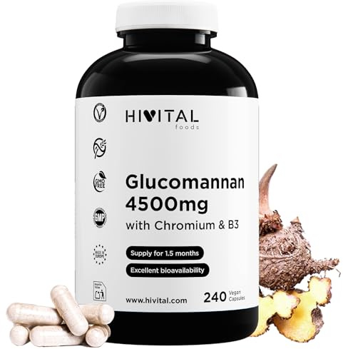 Glucomannan 4500 mg. 240 vegane Kapseln für 1,5 Monate Kur. | Glucomannan aus der pflanzlichen Faser der Konjakwurzel mit Chrom und Vitamin B3. Hergestellt von HIVITAL