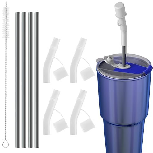 Nearockle 4 stk verlängerte Silikon Strohhalm mit Abdeckung mit 4 stk Edelstahl-Trinkhalmen und Bürste, kompatibel mit Stanley Cups 14/20 oz und anderen Bechern mit 20/30 oz, Mehrwegbecher-Zubehör