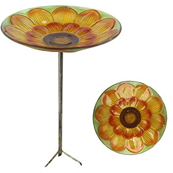 LLMTYO Vogelbad aus Glas, Vogelbäder für draußen, Vogelfutterstation für den Garten mit Metallpfahl für Garten, Hinterhof, Terrasse, Zaun, Terrassenbelag, Dekor (D)