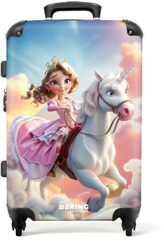 NoBoringSuitcases.com Kinderkoffer, Kinderkoffer Mädchen, Koffer Groß, TSA, Koffer Kinder Mädchen, Reisetrolley, Koffer 20kg Gepäck, Koffer Mittelgroß (Prinzessin, Einhorn - Rosa-Weiß, 67 cm - 72 L)