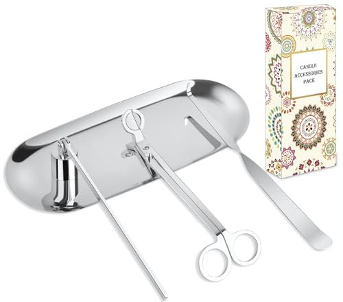 burtok 4-IN-1 Kerzenzubehör Set – Elegantes Edelstahl-Kerzenpflegewerkzeug mit Kerzenlöscher, Dochtschere, Dochtzieher und Kerzenuntersetzer, Kerzenliebhaber (Silber)