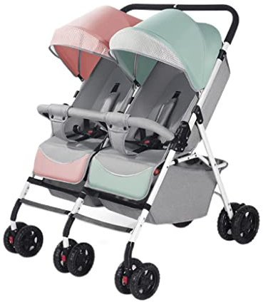 ZONABSQQ Kinderwagen Zwillingskinderwagen mit Liegesitzen und ausziehbaren Überdachungen, großer Aufbewahrungskorb, gemütlicher kompakter Zwillingskinderwagen mit 5-Punkt-Gurt Komfort und Sicherheit